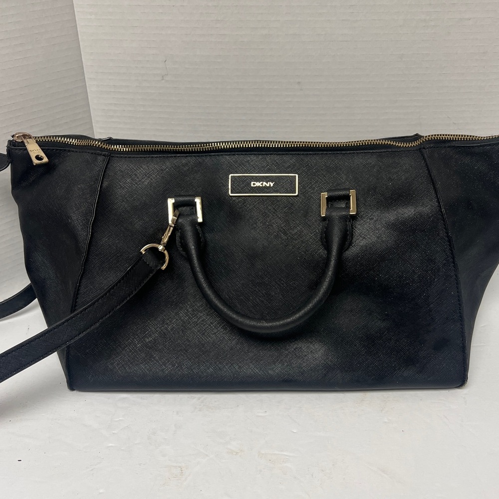 DKNY Black Satchel Bag with Gold Accents